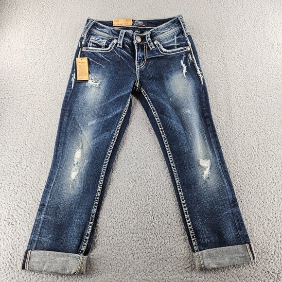 Silver Jeans Aiko Capri Womens 24 Distressed Denim Defined Curve New With Tags - Picture 1 of 16